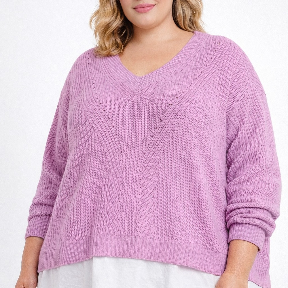 Terra & Sky Lavender V-Neck Pointelle Knit Sweater